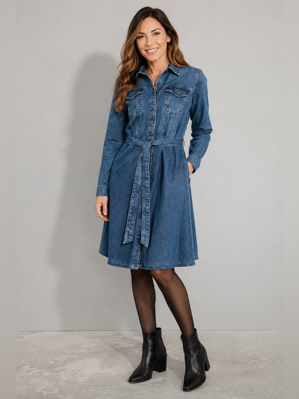 Sandwich Denim Belted Shirt Dress Blue Stretch Denim Size 38